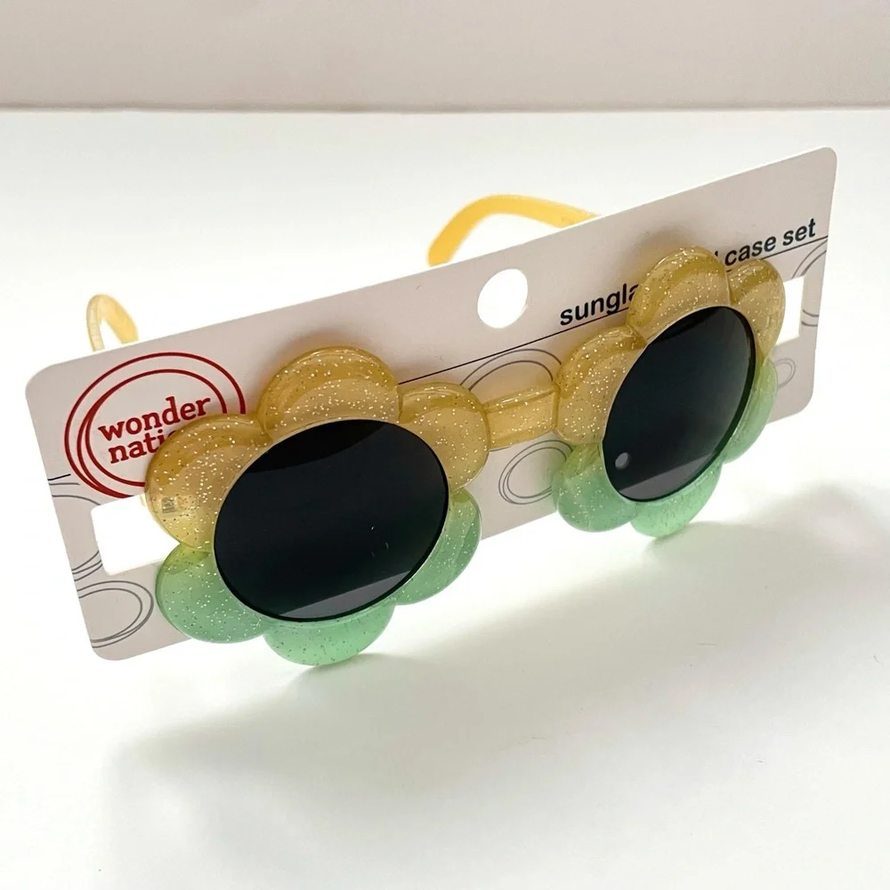 Girls Daisy Yellow Green Glitter Sunglasses - Supercute!